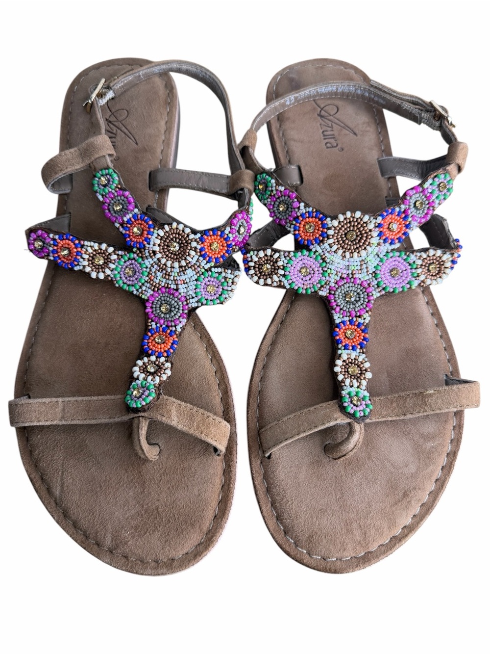 Azura Beaded Embellished Flat Sandals size 42/10.5-11 Taupe T-Strap Boho Shoes